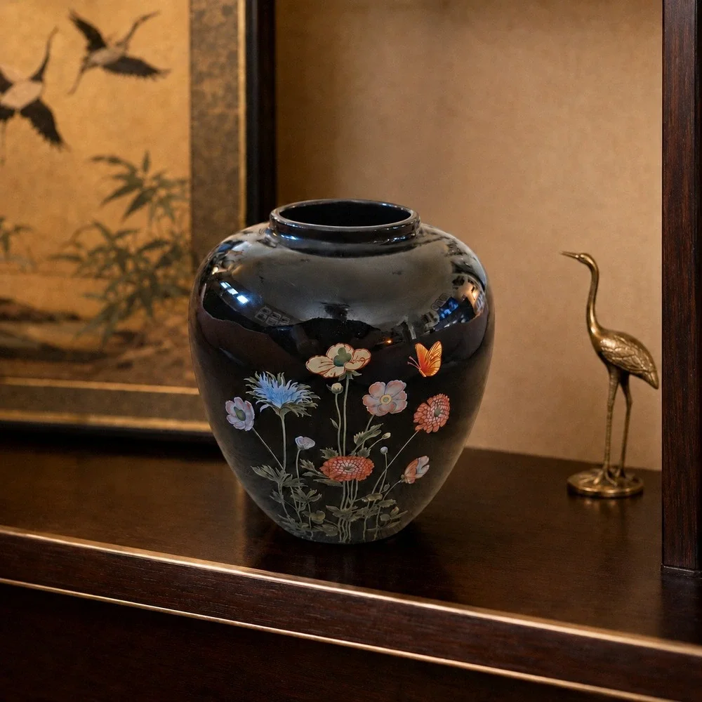 Srednick Collection 80s Vintage Black Floral Butterfly Bud Vase Japan 5in